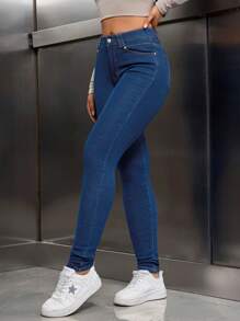 SHEIN Tall 女士休闲前扣口袋简约牛仔裤，日常休闲 - 中等水洗藍 - 查看 3