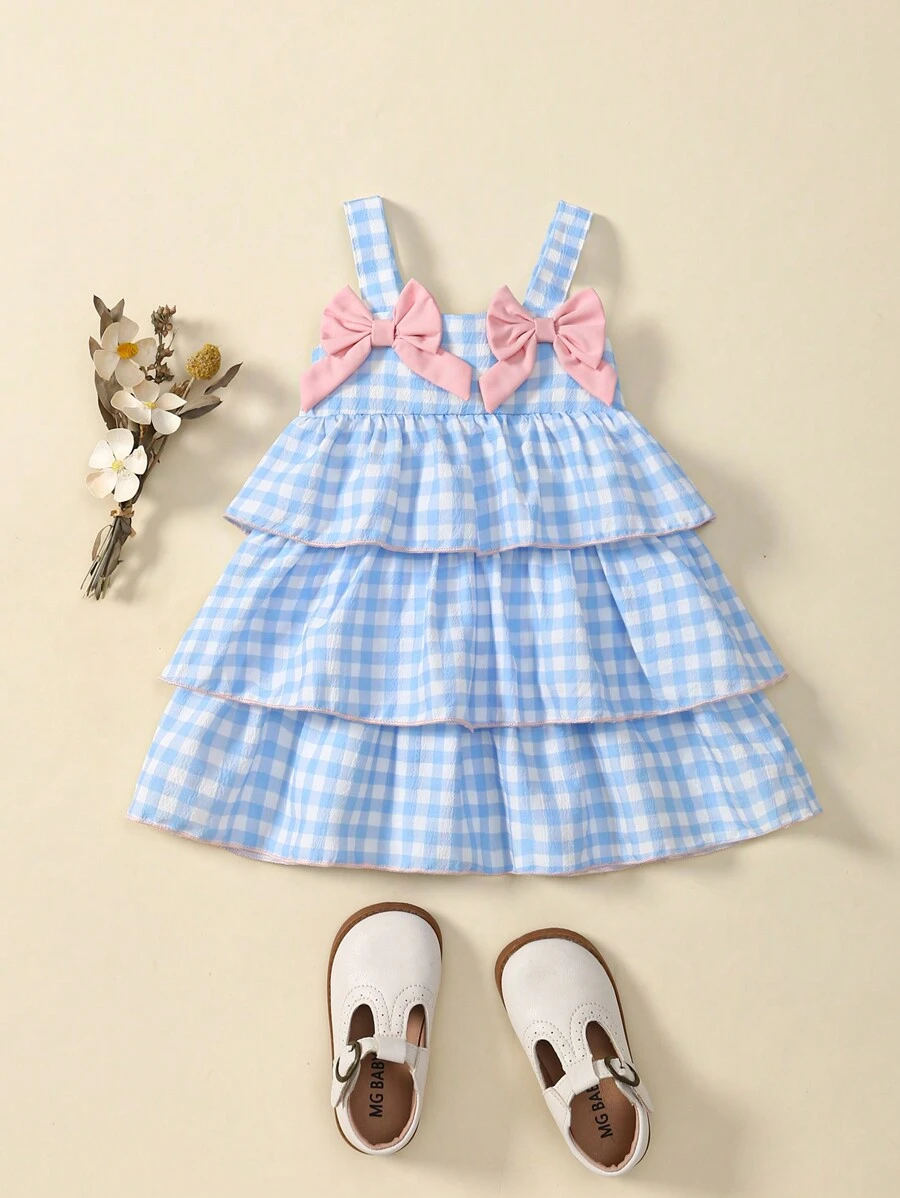 SHEIN Vestido De Verano Acampanado Para Bebé Niña Con Estampado A Cuadros, Decoración De Lazo Y Correas De Espagueti - Multicolor - Ver 1