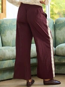 Aralina Curve Sporty Nylon With Lace Stripe Fashion Detail Mid Rise Wide Leg Pants