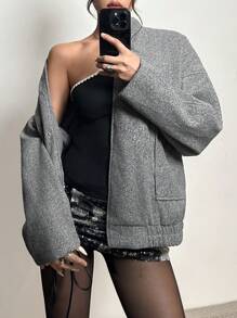 SHEIN Essnce 女士纯色超大飞行员夹克街头时尚休闲羊毛外套灰色立领宽松夹克秋冬 - 灰色 - 查看 4