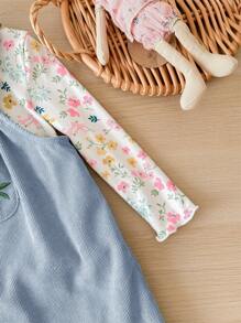 SHEIN LMoss Kids Babygirl 可爱秋季灯芯绒花卉刺绣围兜裙和长袖上衣套装 - 藍色 - 查看 3