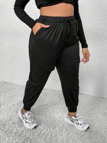 EMERY ROSE Plus Size High Waist Pocketed Cargo Pants - Black - View 7