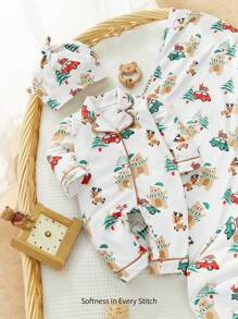 3pcs/Set Newborn Baby Boy Christmas Pattern Lapel Long Sleeve Jumpsuit, Hat Blanket - Multicolor - View 1