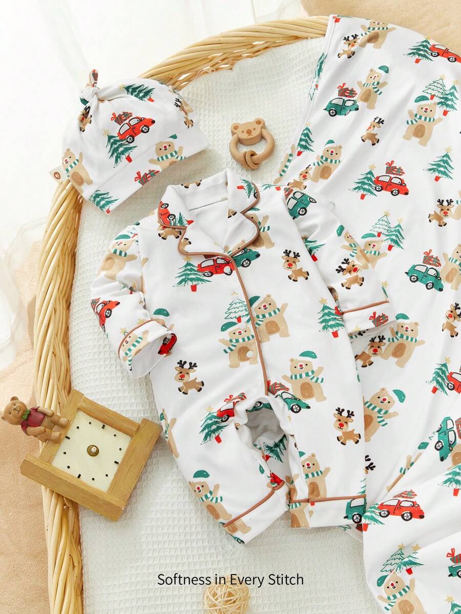 3pcs/Set Newborn Baby Boy Christmas Pattern Lapel Long Sleeve Jumpsuit, Hat Blanket - Multicolor - View 1