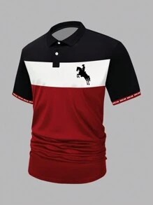 Manfinity Dauomo 大码男式休闲骑马和拼色印花短袖 Polo 衫，夏季 - 彩色 - 查看 3