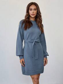 SHEIN LUNE Váy len cổ tròn dệt kim chắp vá thoải mái màu xanh denim giản dị mùa thu/đông dáng chữ A thắt eo rộng rãi - Màu xanh lam - Xem 5