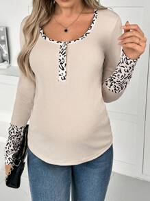 SHEIN Maternity Leopard Print Patchwork Crew Neck Fitted Long Sleeve Top - Apricot - View 4