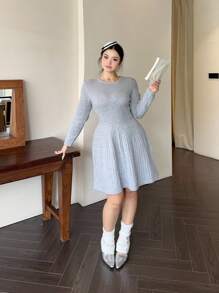 Flirla A-Line High Waist Midi Sweater Dress, Versatile For Autumn/Winter - Grey - View 1