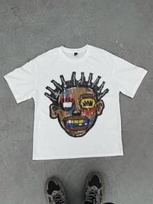 Manfinity EMRG 男士休闲简约卡通图案短袖时尚 T 恤，适合朋友 - 白色 - 查看 2