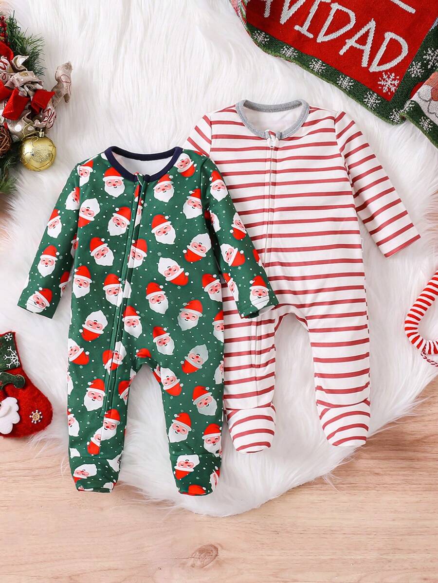SHEIN 2pcs Newborn Baby Boys Christmas Santa Claus & Stripe Print Soft & Comfortable Long Sleeve Zipper Closure Romper Outfit Set