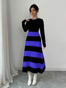 Elenzga Women's Simple Striped Color Blocking Sweater Dress Fall Cloth For Women - Blue - View 6
