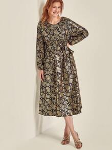 SHEIN Clasi Vestido de mujer de talla grande con cuello redondo, mangas farol y estampado de paisley con lámina, vestido maxi de otoño para mujer - Multicolor - Ver 4