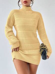Chiquease 女式纯色高领长袖休闲纹理针织套头连衣裙，秋冬
