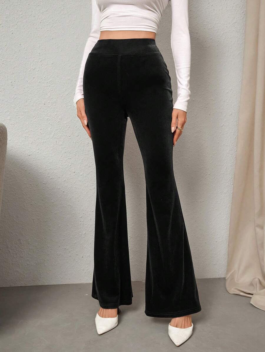 Firerie Women Plain High Waist Flare Pants, Casual Everyday Wear - Black - View 1
