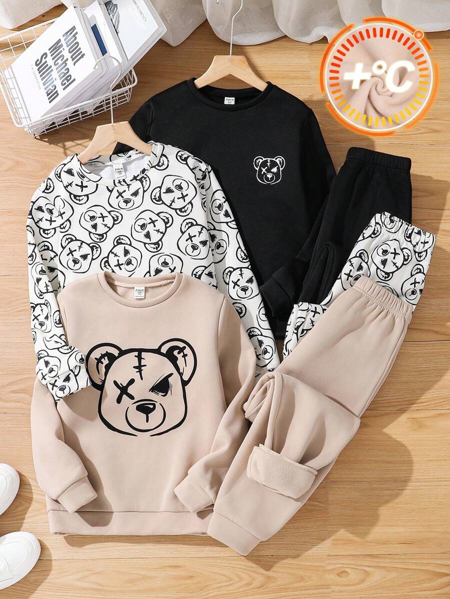 SHEIN Leap Crew 6 件套 Tween Boy 可爱熊图案圆领运动衫和运动裤套装，适合通勤、上学、休闲、度假、运动、春季、夏季、秋季、冬季 - 彩色 - 查看 1