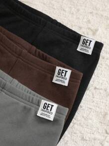 SHEIN LMoss Kids LMoss Buy 1 Get 2 Young Girl Solid Color Letter Pattern Fitted Casual Leggings - Brown - View 7