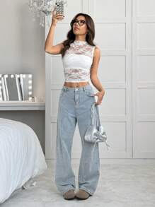 SHEIN EZwear White Lace Stand Collar Sexy Fitted Fashion Tank Top For Women - White - View 3