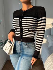 Chiquease Striped Print Slim Fit Metal Button Front Cardigan