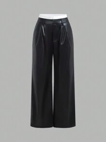 SHEIN EZwear Women PU Black Zipper Fly Wide Leg Pants, For Fall