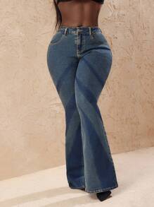 Slaydiva Women's Fashion Color Block Skinny Flare Jeans - Blue - View 4