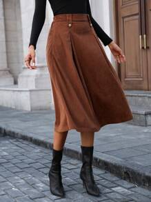 Women Button Design Pleated Mid-Length A-Line Corduroy Skirt, Elegant - Chocolate Brown - View 6