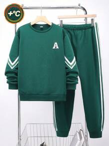 2Pcs Teen Boy Casual Set, Green Crew Neck Sweatshirt And Pants, Sports & School Style - Green - View 1