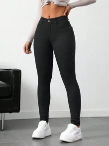 SHEIN Tall Jeans pitillo de mezclilla lavada elástica para mujeres altas - Negro - Ver 5