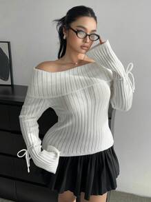 Flirla Plus Size Solid Color Off Shoulder Knot Detail Casual Pullover Sweater - White - View 6
