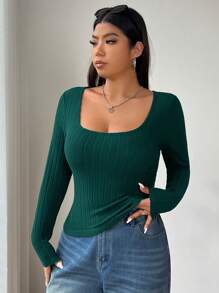 SHEIN EZwear Camiseta de manga larga con cuello cuadrado de punto elástico para mujer talla grande, cómoda para usar de forma casual, en el hogar, yoga y al aire libre
