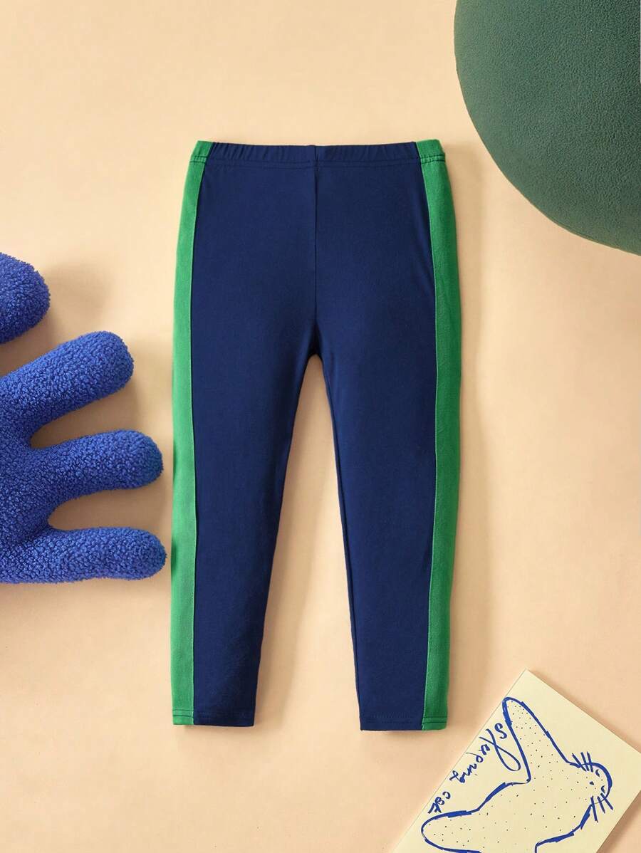 THE HAPPY LOOK Young Boy Navy Blue Contrast Color Elastic Waist Casual Slim Fit Pants, Autumn/Winter - Blue - View 1