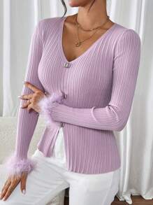 Modelyn Dames effen kleur patchwork fuzzy trim mouw mode trui, herfst/winter