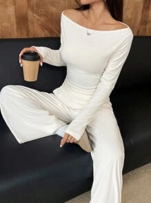 SHEIN EZwear Ensemble 2 pièces casual en velours pour femmes, Top épaules dénudées manches longues et pantalon large, automne/hiver - Noir - Voir 4