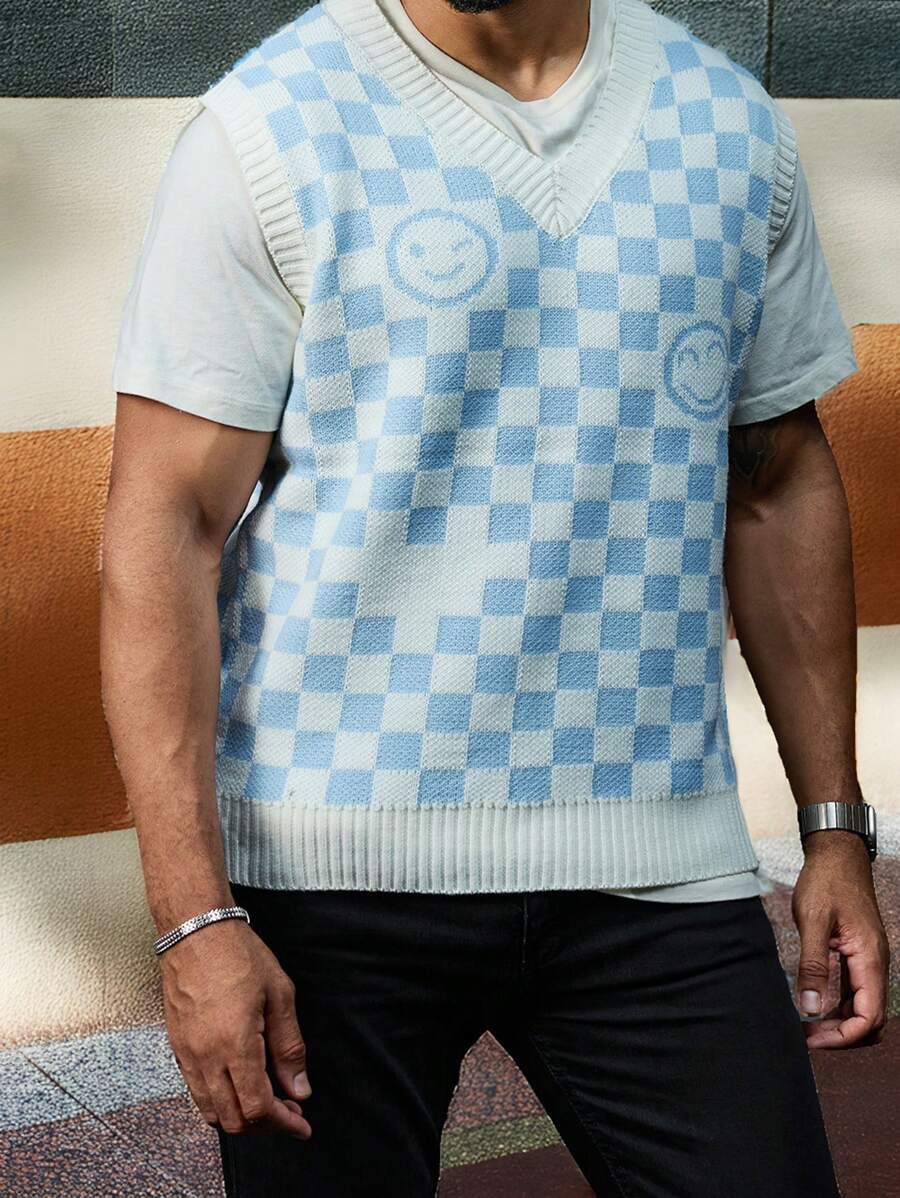 Manfinity Homme سترة كاجوال محبوكة للرجال ذوي البنية الكبيرة بنمط الوجه الابتسامي المربعات، مناسبة للموسم الانتقالي من الخريف إلى الشتاء - ازرق وابيض - مشاهدة 1