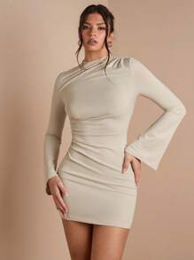 SHEIN BAE Đầm ôm body tay dài cổ bẻ cho nữ, thích hợp mặc vào mùa thu/đông, trang phục hàng ngày/công sở - Màu be - Xem 4