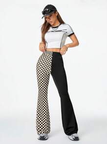 SHEIN EZwear Checkerboard Print Street Style Versatile Women Checkered Patchwork Color Block Flared Sports Pants