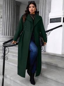 Calvaya Áo khoác dài tay thanh lịch hai hàng khuy màu trơn cỡ lớn, phù hợp cho mùa thu/đông - Màu xanh lá cây đậm - Xem 3