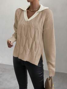 Chiquease 1 件女式纯色撞色袖简约针织套头衫，休闲日常穿着