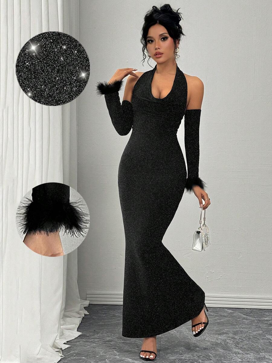 Chiquease 1pc Sparkling Backless Knit Form-Fitting Y2K Bodycon Midi Dress With Turtleneck, Cuffs And Fishtail For Music Festival, Party In Autumn/Winter