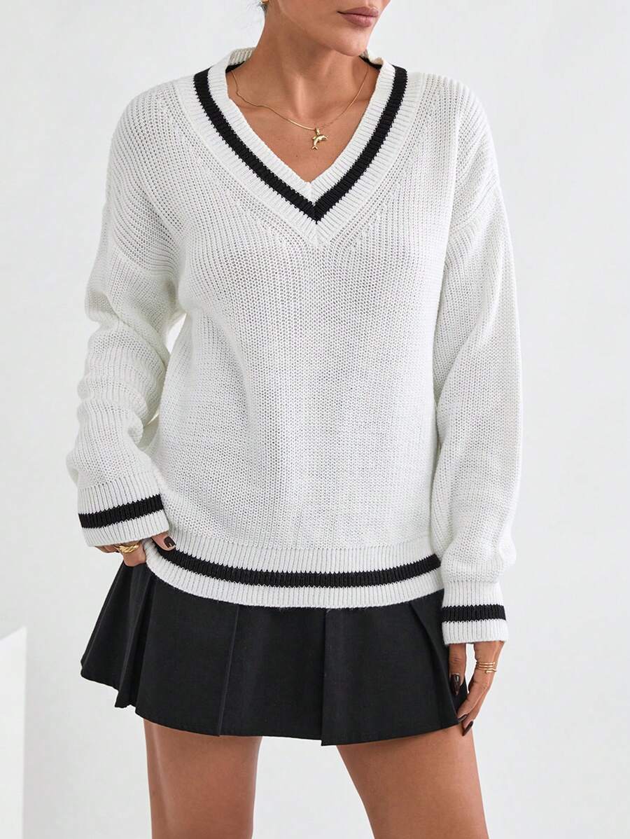 SHEIN Cottnline 女士休闲宽松 V 领条纹长袖套头毛衣 秋季秋装 秋季女装 - 黑與白 - 查看 1