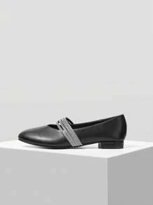 MOTF PREMIUM WOMEN'S CASUAL & COMFORTABLE BUCKLE DESIGN RHINESTONE MARY JANE SQUARE TOE FLAT SHOES, VERSATILE COMMUTING - Black - View 4