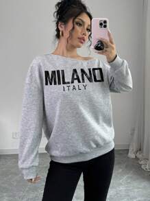 Chiquease Sudadera holgada de manga larga con estampado de letras, de cuello diagonal caído y tejido versátil y casual, para otoño/invierno