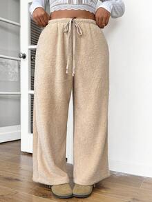 SHEIN Frenchy Quần dài màu trơn hai mặt ấm áp tối giản giản dị cỡ lớn, thích hợp cho giải trí và ở nhà, thoải mái - Màu be - Xem 4