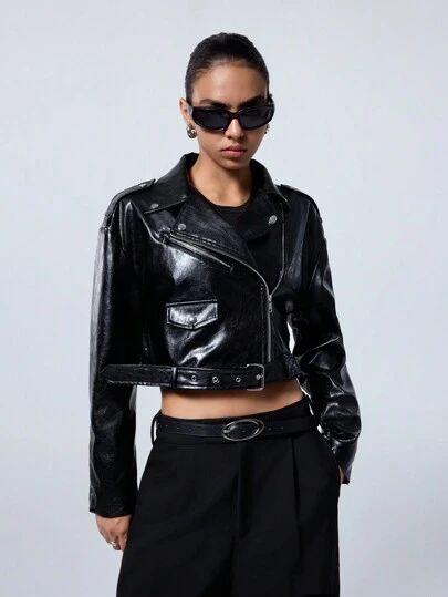 LYSMO 斋月女士纯色 PU 皮革拉链机车夹克