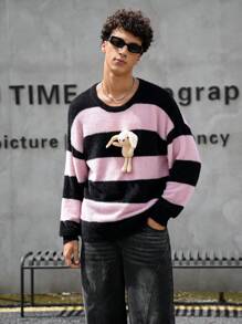 Manfinity VCAY Unisex Fluffy Striped Rabbit Bear Plush Oversized Drop Shoulder Crew Neck Pullover Sweater, For Fall Winter - Multicolor - View 5