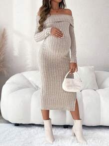 SHEIN Vestido casual de manga larga con hombros descubiertos y abertura para embarazadas