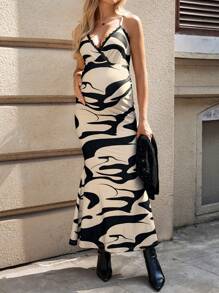 SHEIN 2pcs/Set Maternity Outfit - Black Long Sleeve Cardigan + Wave Pattern Slip Dress, Suitable For Autumn - Multicolor - View 6