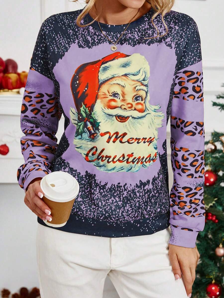 SHEIN LUNE Christmas Santa And Leopard Print Color Block Casual Sweatshirt, Autumn/Winter Pullover Fall Outfit - Multicolor - View 1