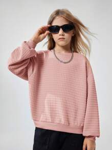 SHEIN Tween Girls Loose Fit Textured Crew Neck Long Sleeve Sweatshirt,In Fall/Winter - Dusty Pink - View 4