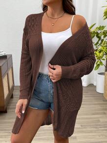 SHEIN LUNE Plus Size Women Open Front Hollow Casual Cardigan, Autumn - Brown - View 5