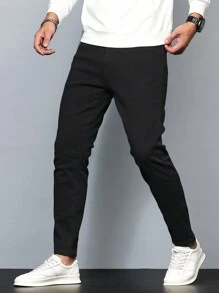 Manfinity Homme Plus Size Men Fashion Casual Versatile Slant Pocket Denim Jeans, Slim Fit Dark Jeans Long Plain Black Washed Cargo Jeans, For Husband, Boyfriend Gifts